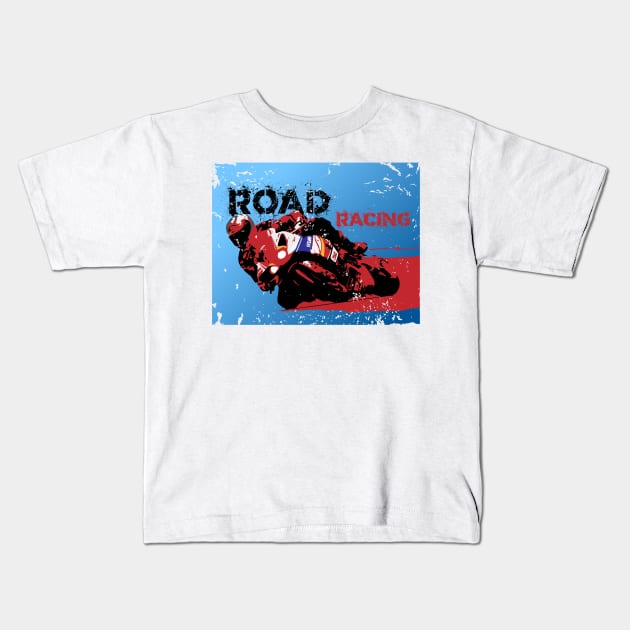 Road racer motorbike silhouette on grunge background Kids T-Shirt by MultistorieDog